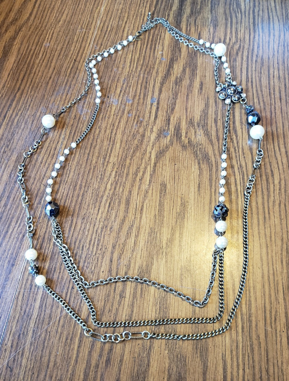 Lia Sophia Brass Chain With Stone and Faux Pearls Beaded Necklace Jewelry